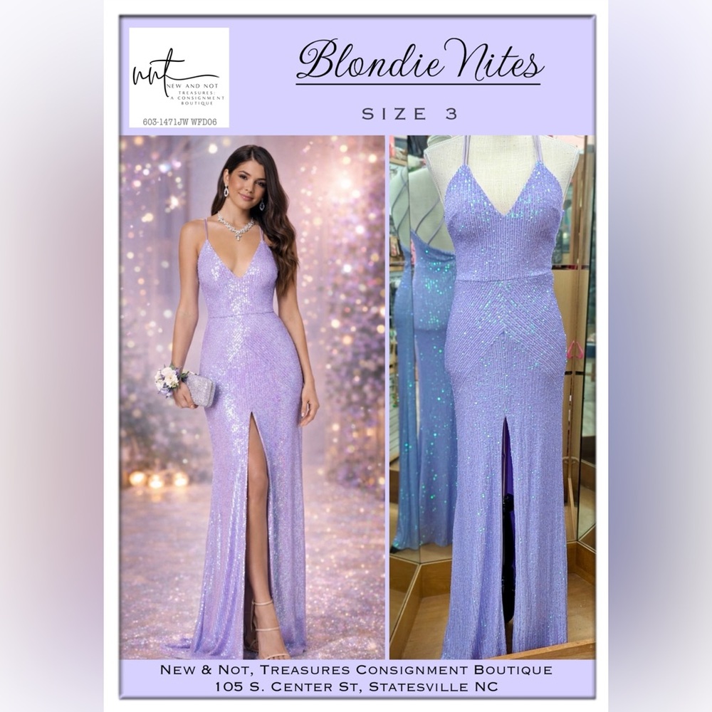Blondie Nites Lavender Sequin Strappy Gown Dress Size 3 Crisscross Back Slit